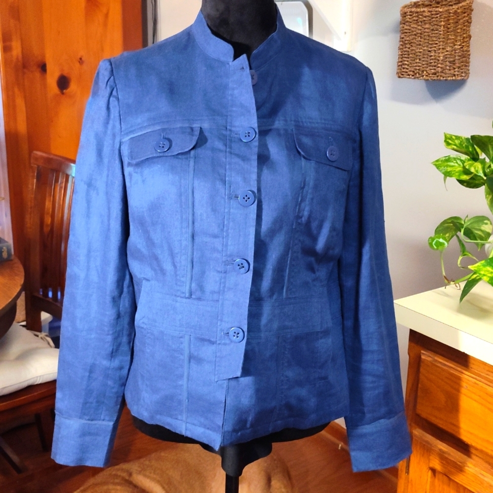 COLDWATER CREEK 100% Linen Jacket Blue Size 12